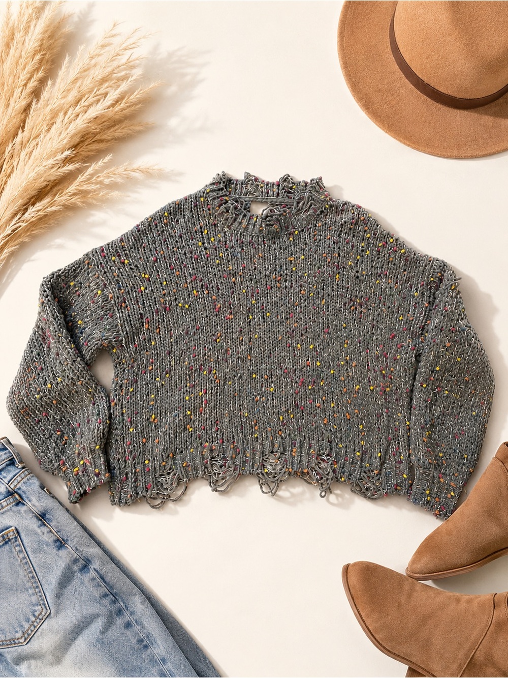 POL Confetti Distressed Chunky Knit Sweater Size Large Boho Cozy Cropped (c)